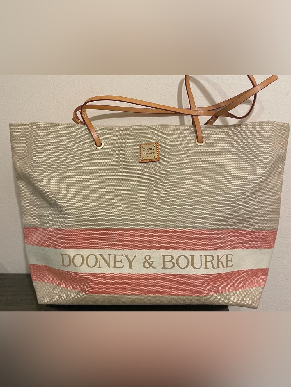 Dooney & Bourke Beige Canvas Tote with Coral Stripe and Tan Leather Straps